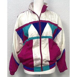 VTG 1980s BOLD SPIRIT Womens SMALL Jewel Tone Nylon Zip-Up Windbreaker JACKET